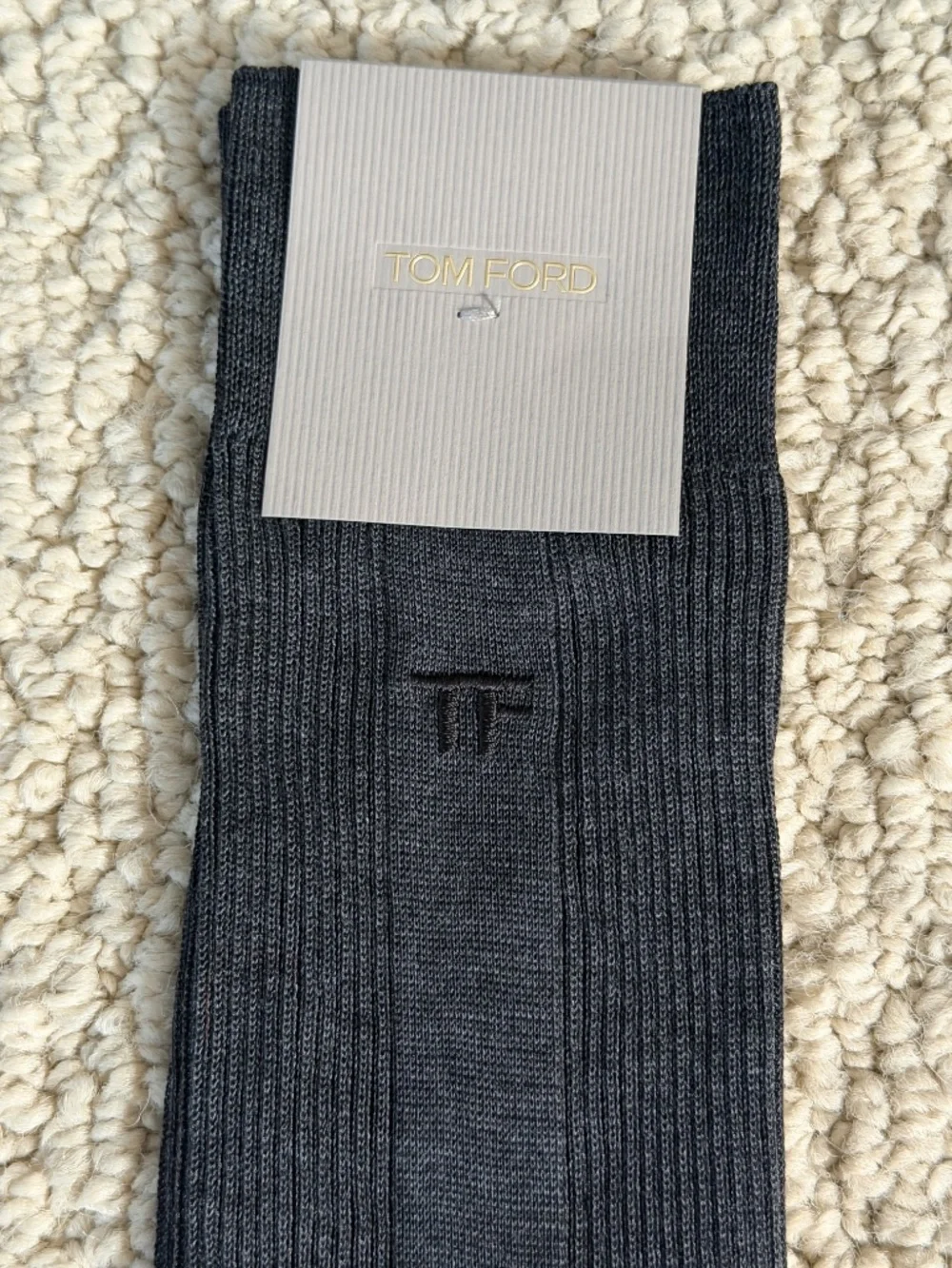 Tom Ford Charcoal Gray Embroidered TF Logo Ribbed Cotton Soft Dress Crew Socks